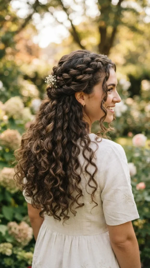 Twisted half-up hairstyle with flowing curls for a soft, elegant, and feminine look.

