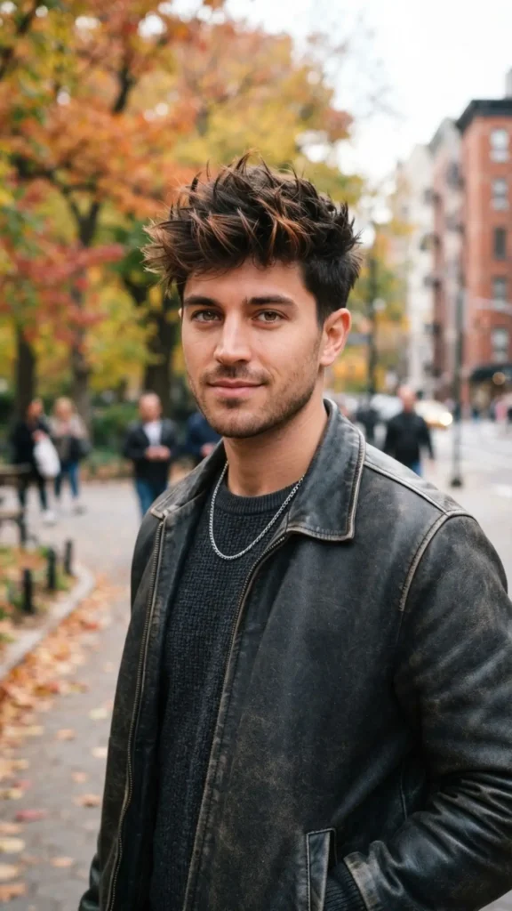 Edgy medium spiked hairstyle for men with bold textured volume.