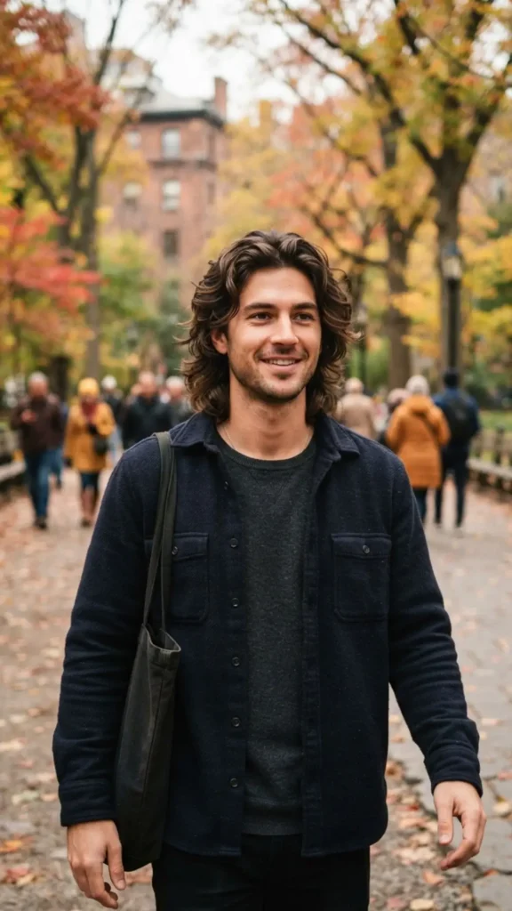 Textured medium shag hairstyle for men with layered autumn movement.