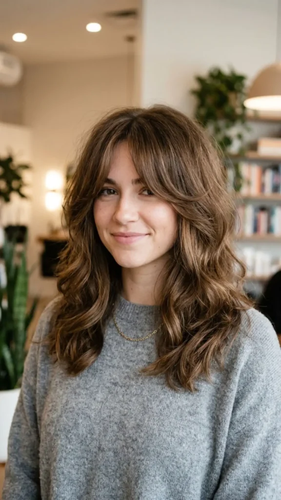 Voluminous blowout with long curtain bangs for a full, bouncy, and glamorous hairstyle.
