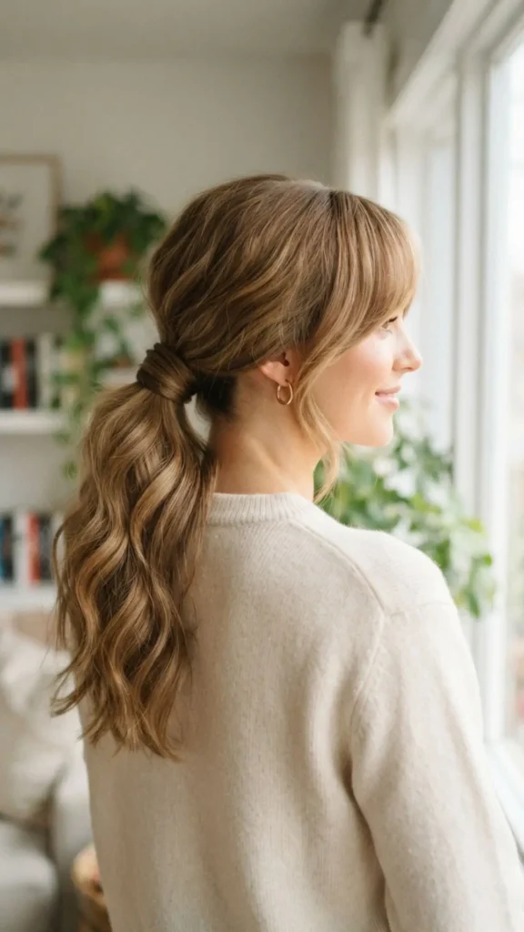 Full low ponytail with soft side bangs for added elegance.