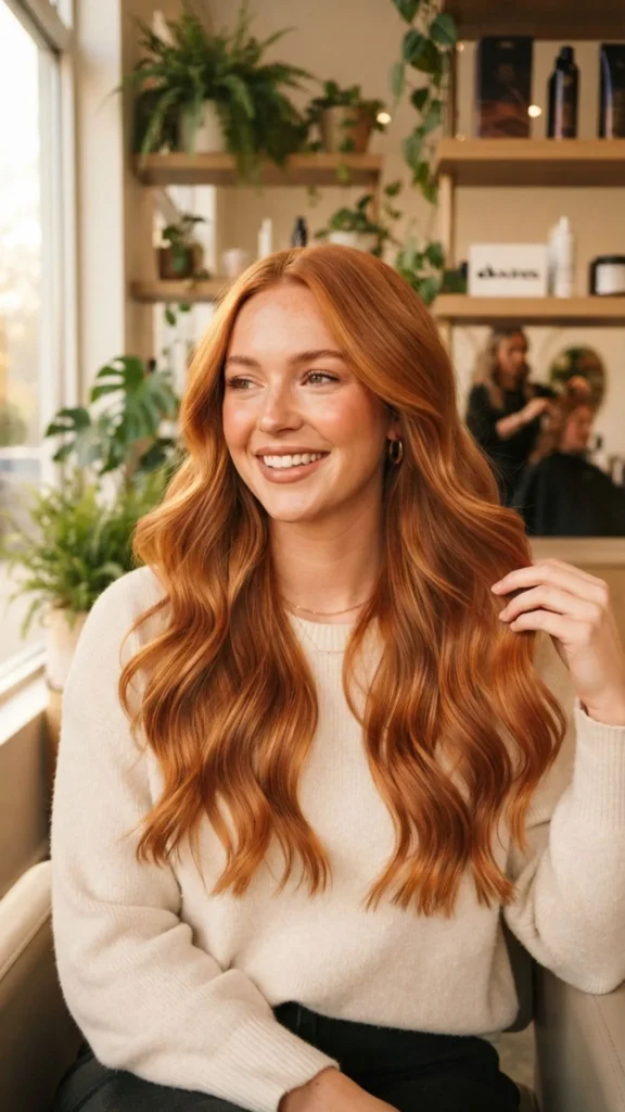 Vibrant, warm copper hair with rich, glowing summer tones.
