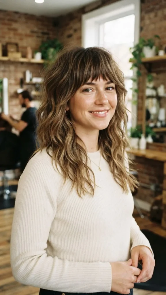 Wavy shag hairstyle with textured ends and natural beachy movement