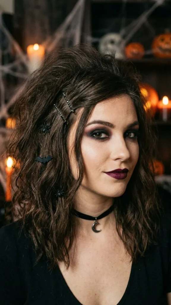 Woman with backcombed undone waves featuring dramatic volume and a messy, spooky Halloween witch aesthetic
