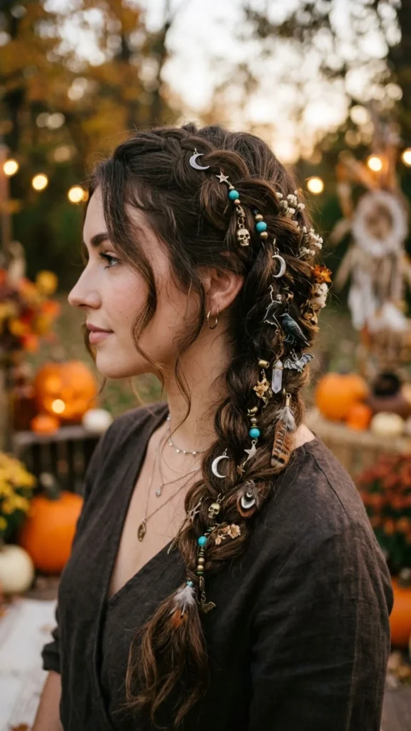 Woman wearing a loose boho side braid adorned with mystical charms for a creative Halloween witch-inspired style