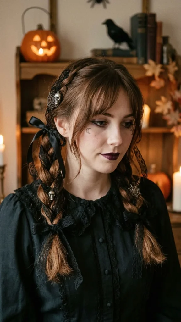 Woman with braided pigtails decorated with black lace ribbons for a playful gothic Halloween witch hairstyle