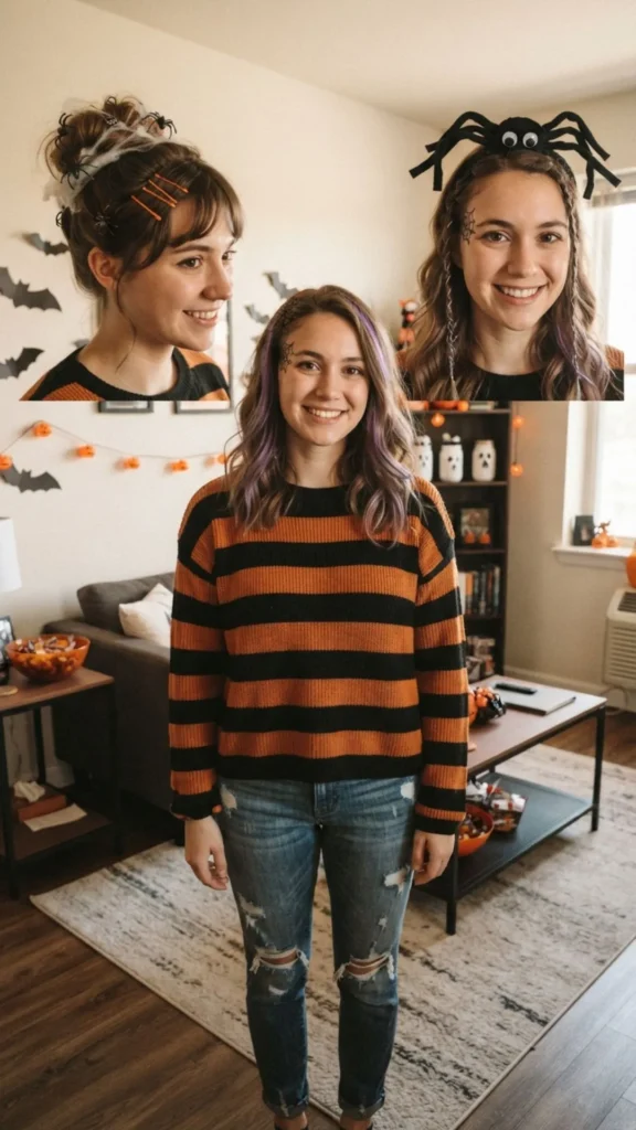 Budget-friendly Halloween hairstyle using simple accessories and styling tricks.