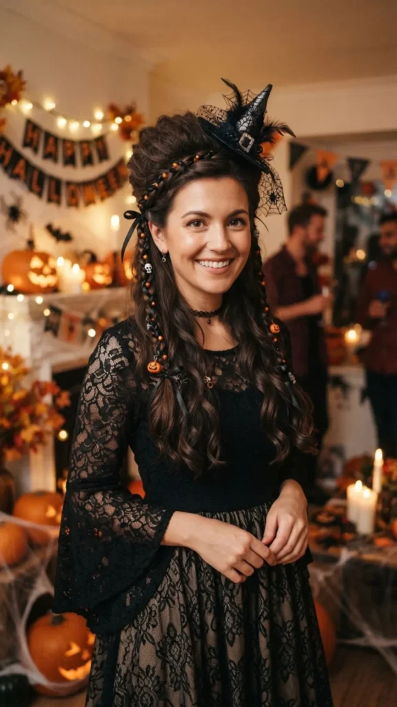 Classic Halloween hairstyle with dramatic waves and spooky accessories.
