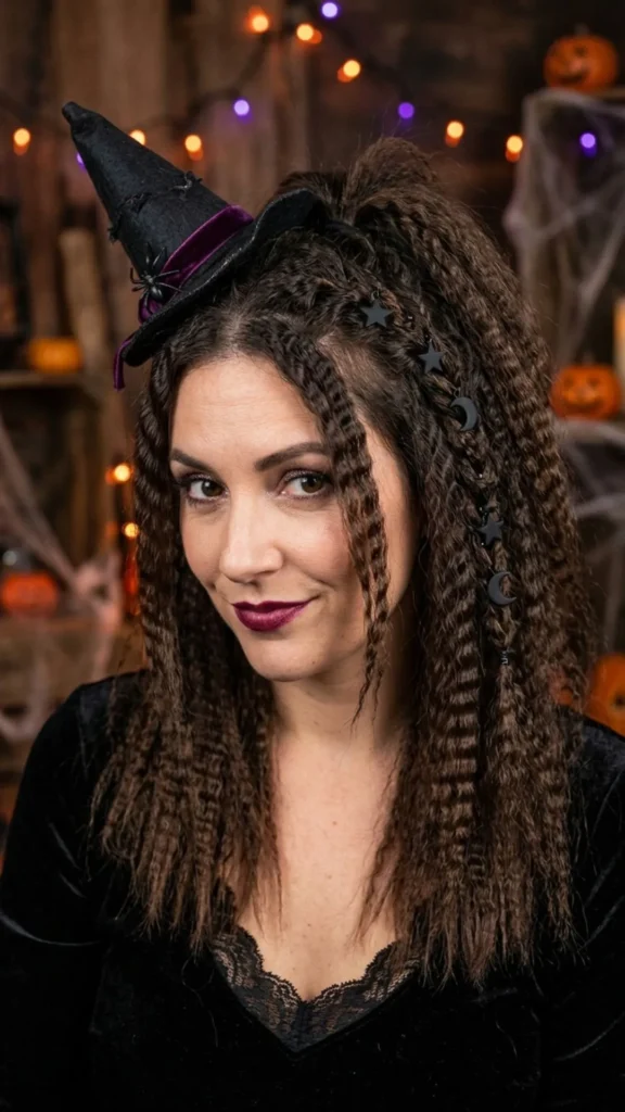  Woman showcasing crimped witch hair with bold texture, dramatic volume, and a striking gothic Halloween appearance