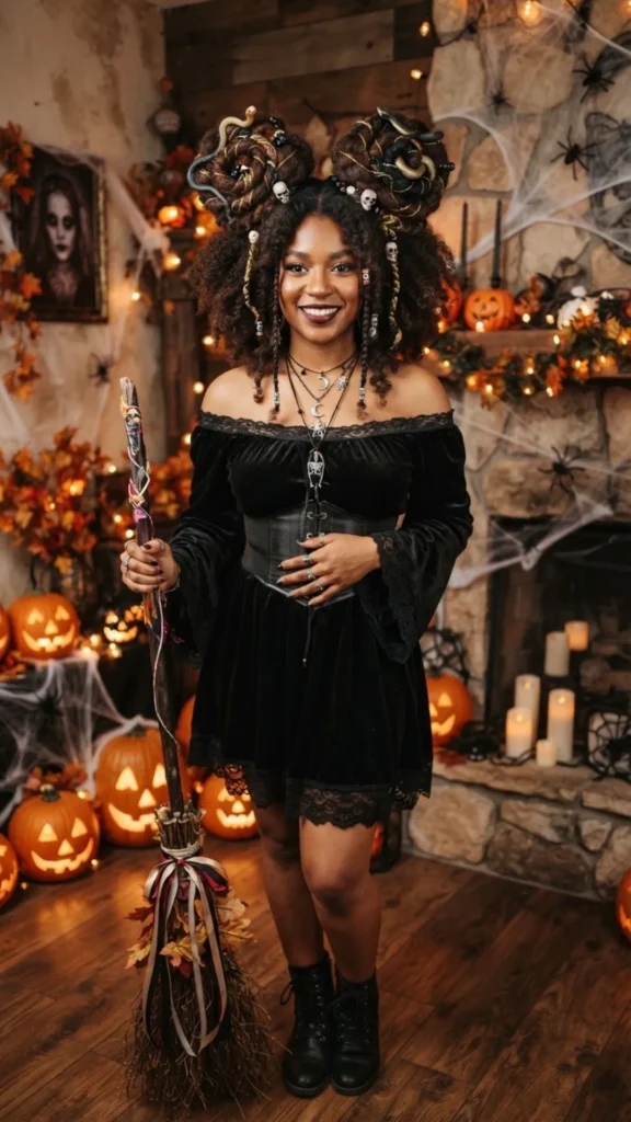 Curly Halloween hairstyle with natural texture and dramatic volume.