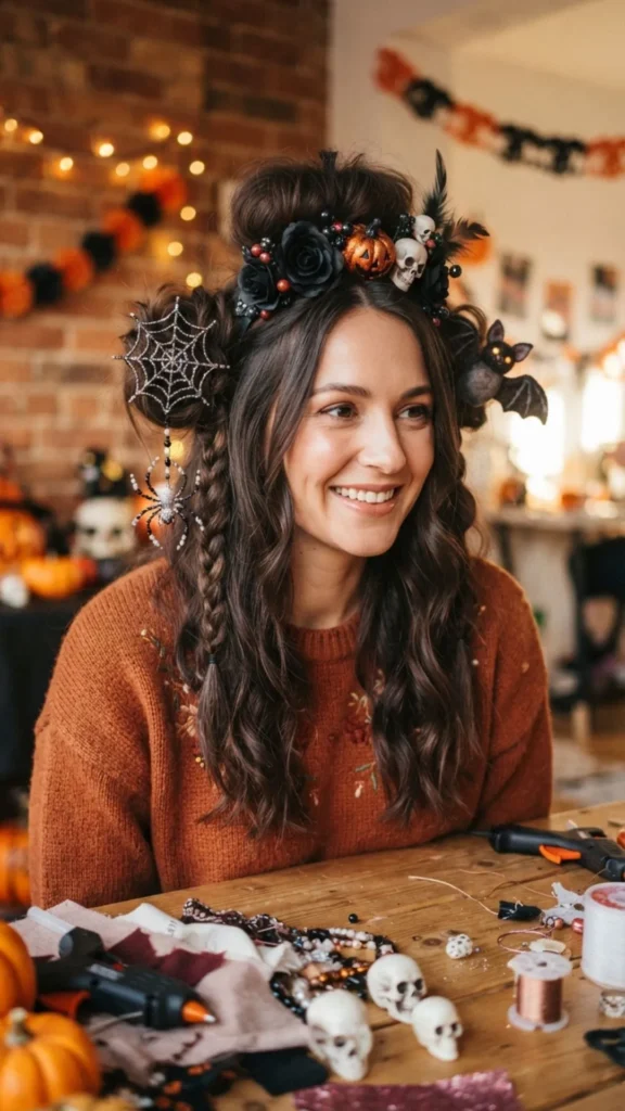 DIY Halloween hair accessories featuring spiders, ribbons, and spooky details.