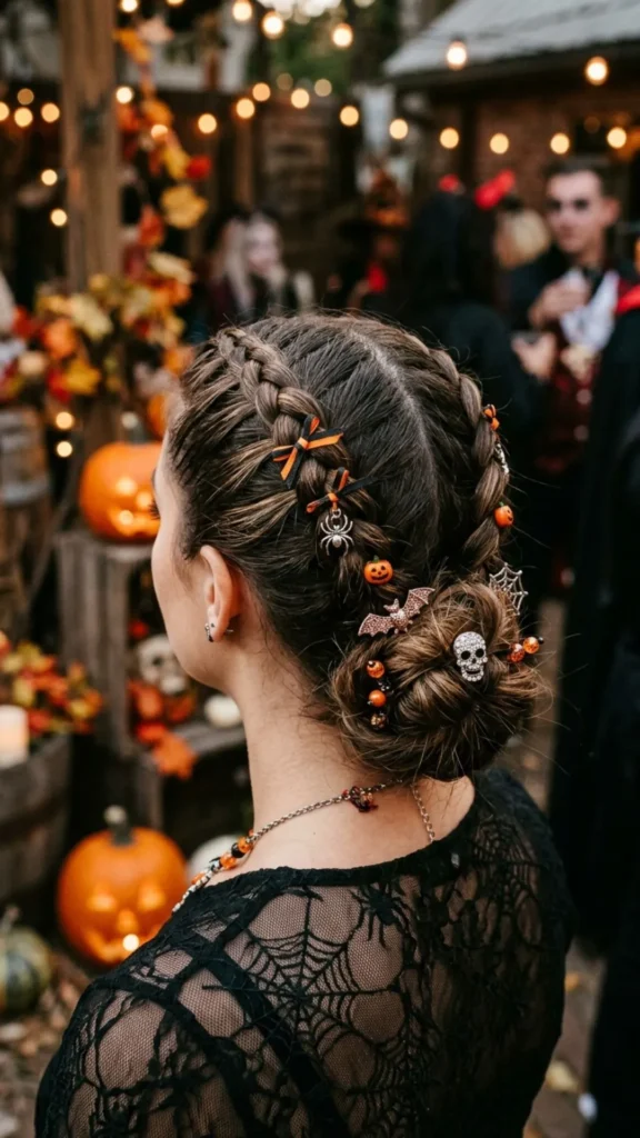 Woman with double Dutch braids styled into a sophisticated low bun for an elegant Halloween witch hairstyle
