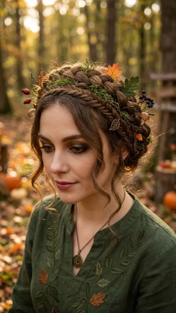  Woman wearing a forest-inspired braided crown decorated with natural details for an enchanting Halloween witch look
