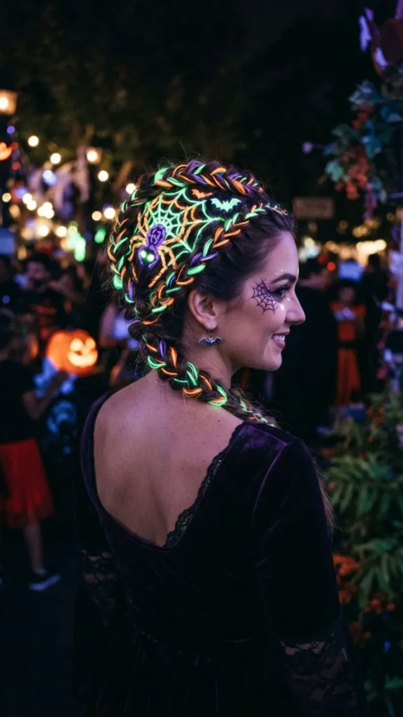 Glow-in-the-dark hairstyle with bright accents for a Halloween party.