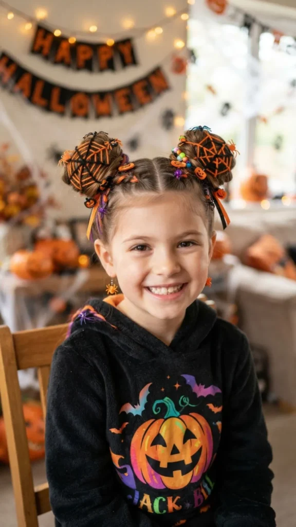 Cute Halloween hairstyles for kids with playful braids and accessories.