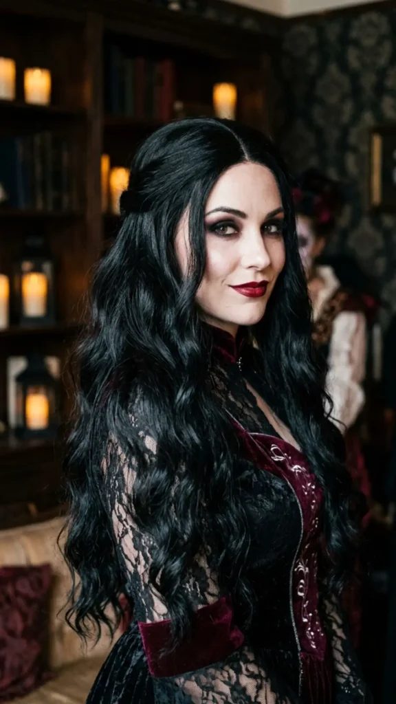 Woman wearing long flowing black waves for an elegant, mysterious, and dramatic Halloween witch-inspired look
