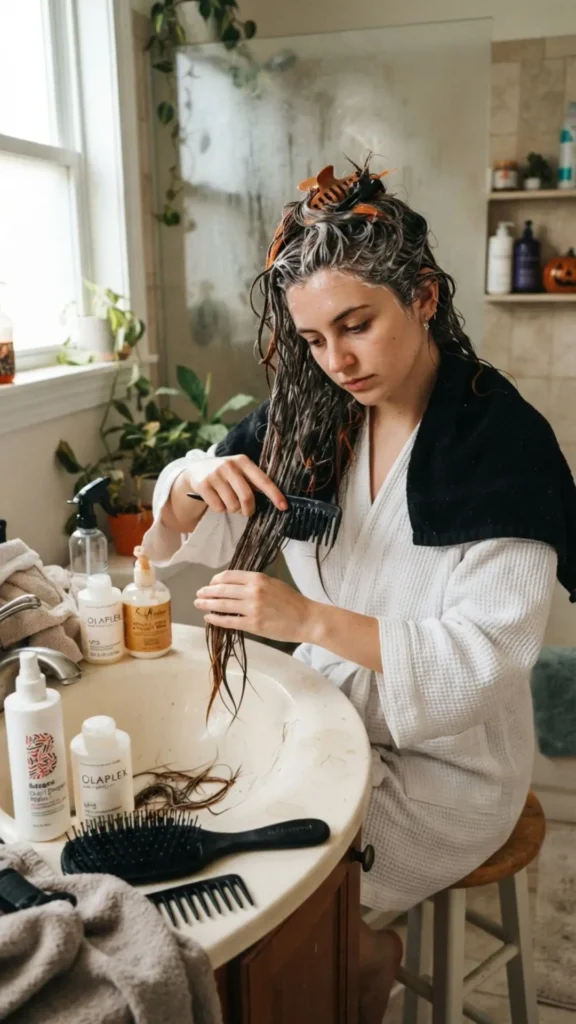 Gentle hair recovery routine after Halloween styling and temporary color.