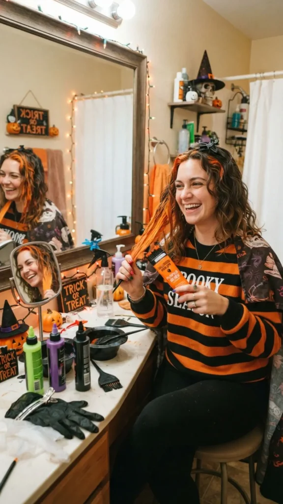 Hair preparation routine for achieving a smooth and stylish Halloween look.
