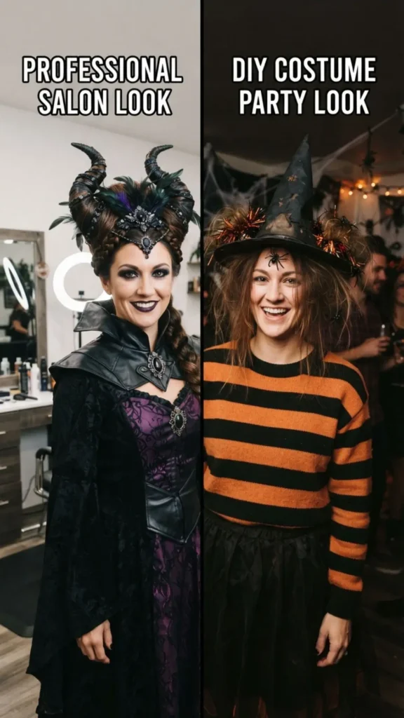 Comparison of professional and DIY approaches to Halloween hairstyling.

