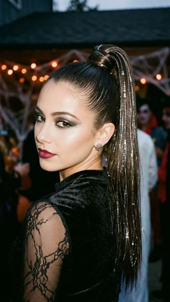  Woman with a sleek high ponytail woven with silver threads for a polished and mystical Halloween witch-inspired look
