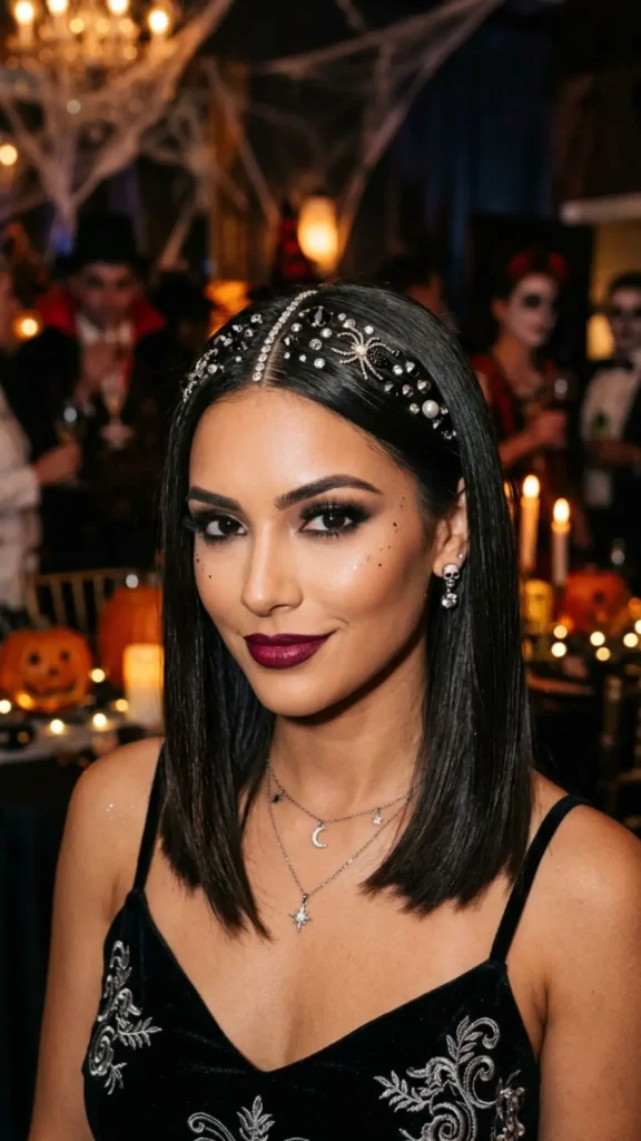 Woman with a sleek, middle-parted, long bob decorated with delicate jewels for an elegant and mysterious Halloween style
