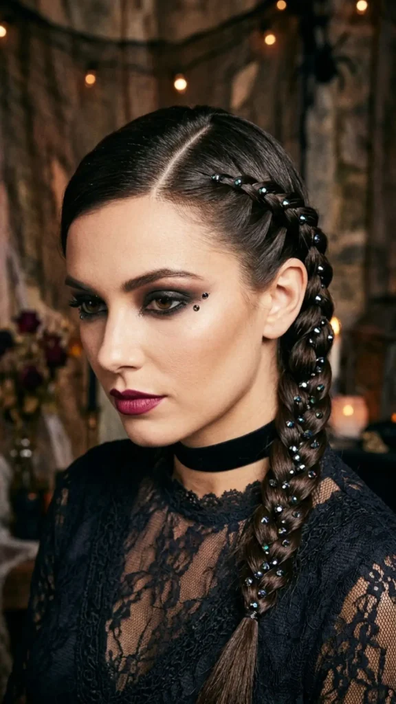 Woman with a sleek side braid decorated with sparkling crystals for an elegant and magical Halloween hairstyle

