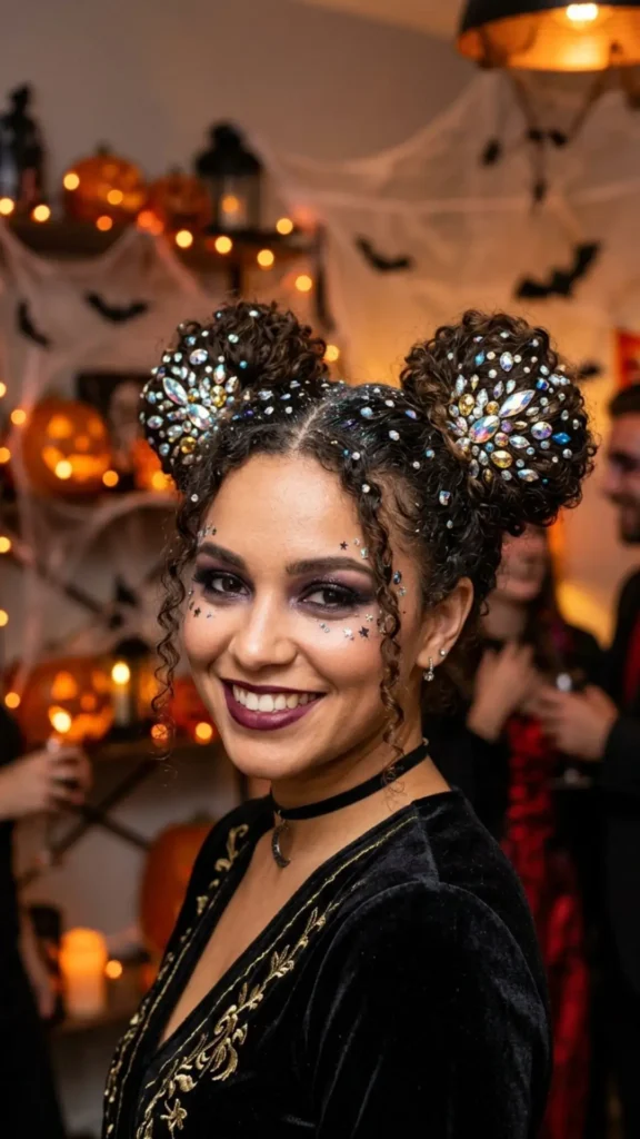 Woman wearing stylish space buns embellished with crystals for a magical, futuristic, and eye-catching Halloween hairstyle
