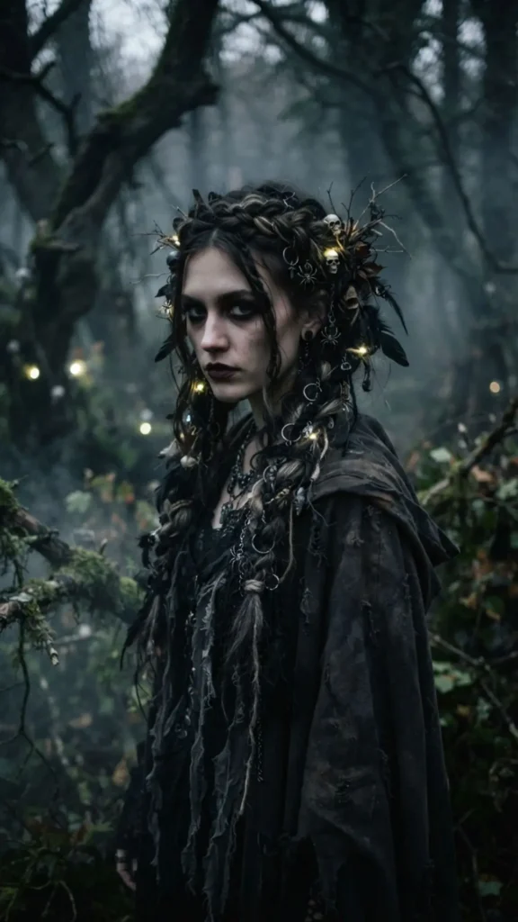 Spooky braided hairstyle with dark ribbons and creepy Halloween details.