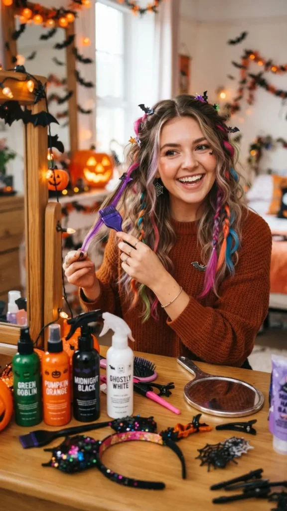 Temporary colorful hair accents for a fun Halloween hairstyle.