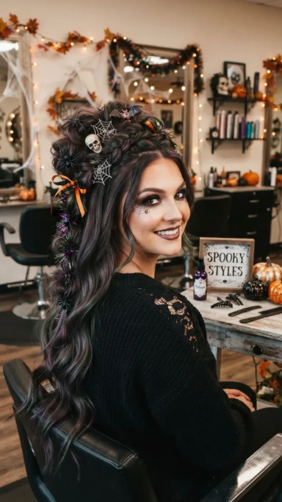 Easy Halloween hair hack with dramatic texture and festive accessories.
