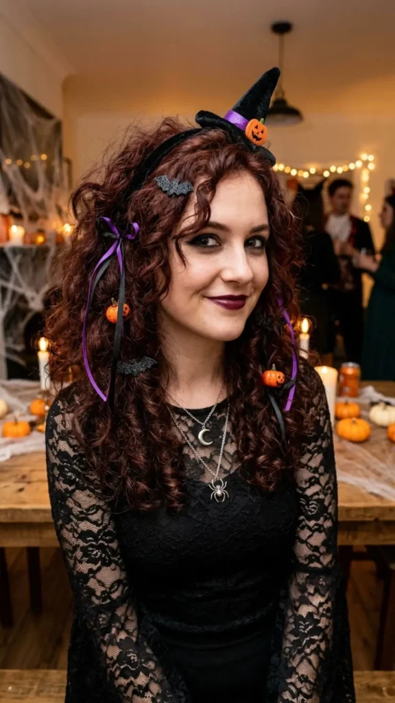 Woman with tousled voluminous curls creating a wild, glamorous, and enchanting Halloween witch hairstyle
