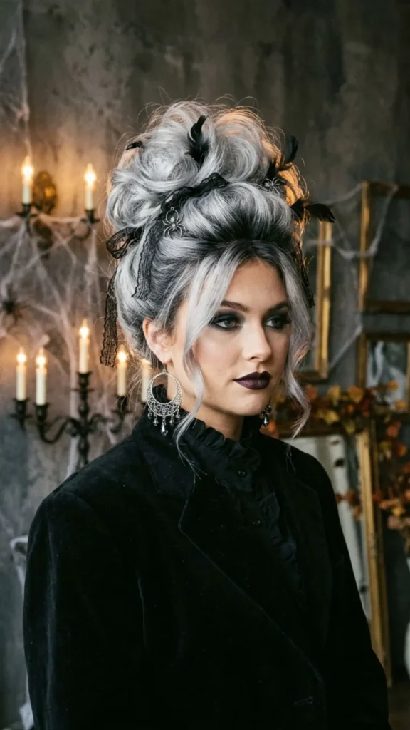 Woman with a towering teased silver updo creating a dramatic, futuristic, and glamorous Halloween witch appearance
