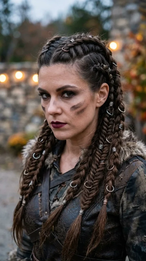  Woman wearing bold warrior braids decorated with metal rings for an edgy, powerful, and gothic Halloween look