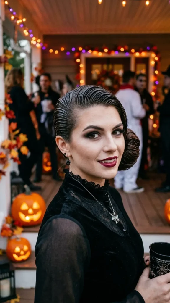 Woman with sleek, wet-look, slicked hair styled for a modern, mysterious, and sophisticated Halloween witch costume