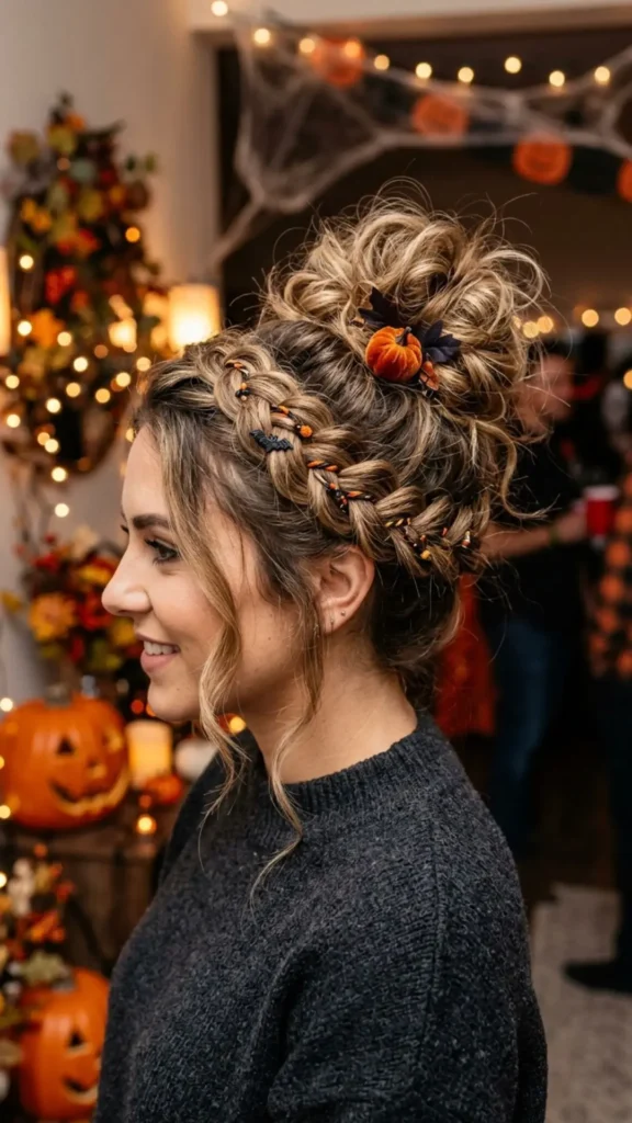  Woman wearing a woven braid gathered into a voluminous tousled bun for a romantic and mysterious Halloween look
